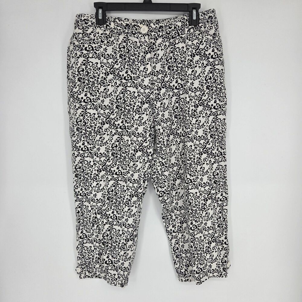 Laura Scott Black & White Floral Capri Pants Cropped Trousers Size 14